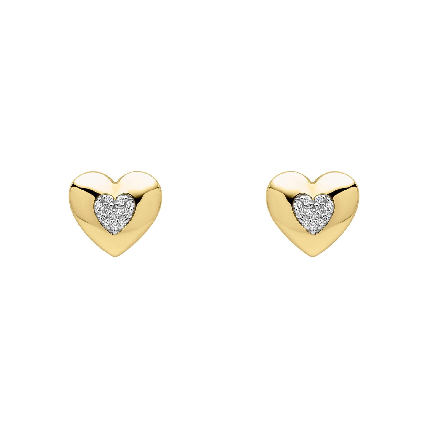 Gold Pavé Diamond Heart stud earrings on white background