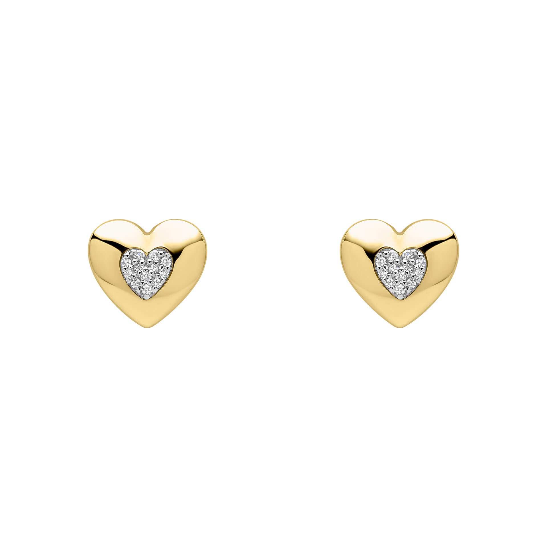 Gold Pavé Diamond Heart stud earrings on white background