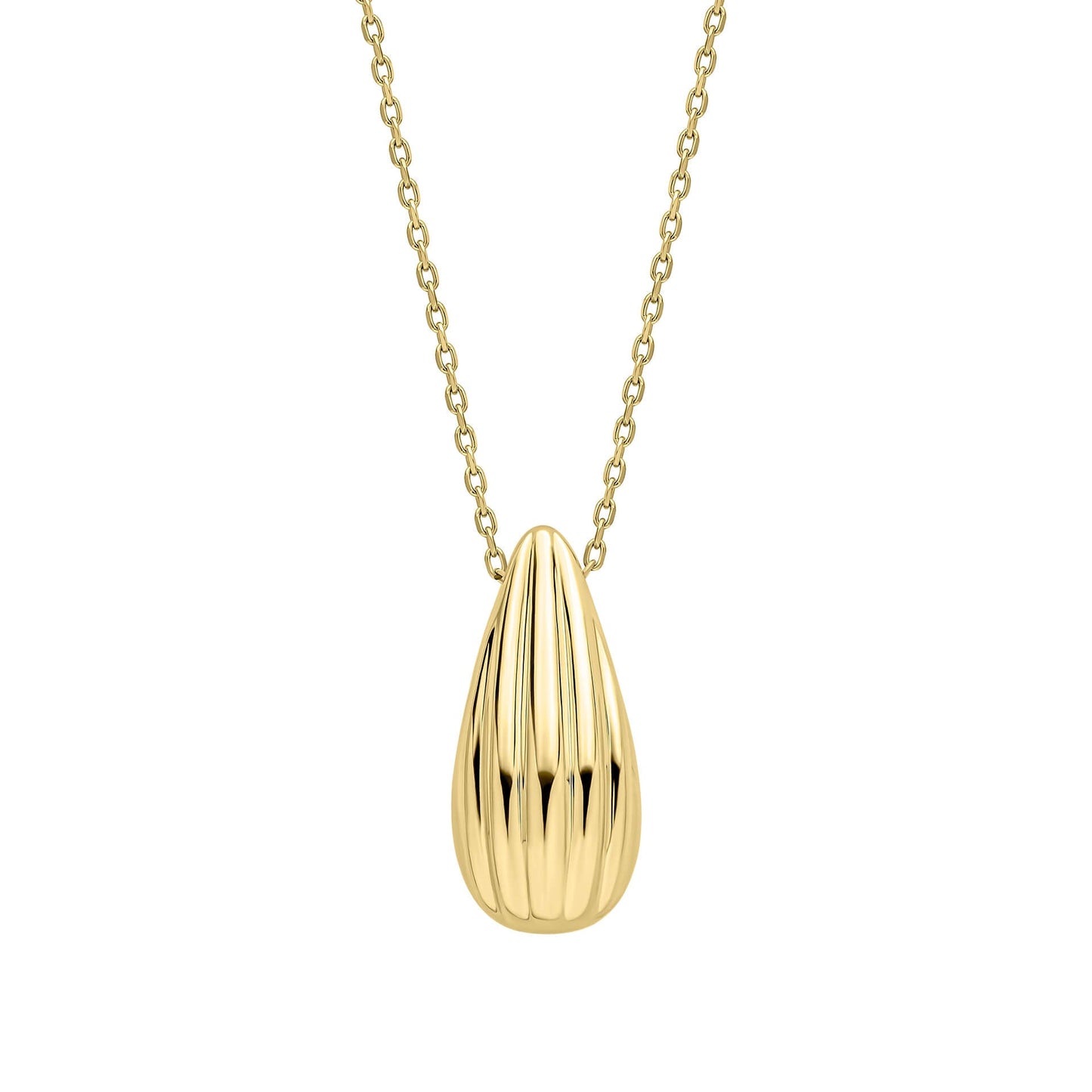 Gold Ridged Teardrop Necklace on white background 