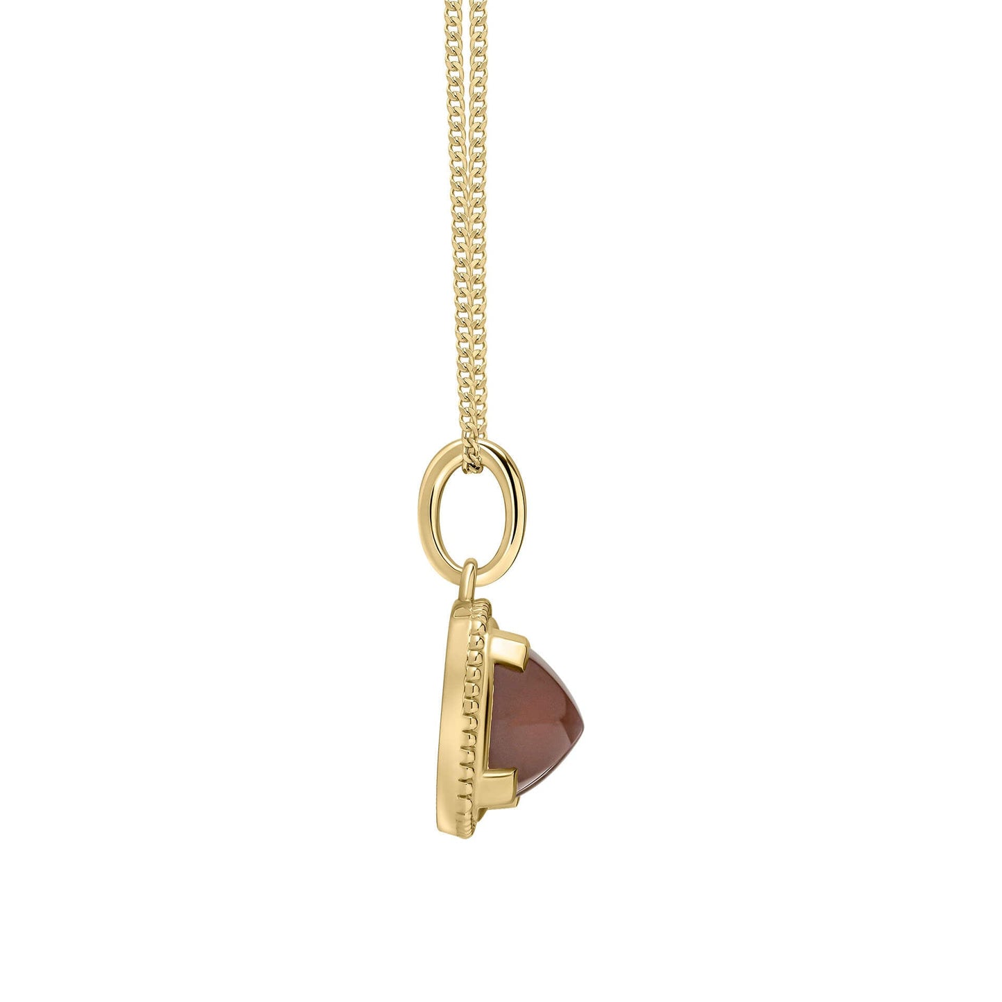 Gold Sugarloaf Cut Chocolate Moonstone Pendant necklace from the side on white background