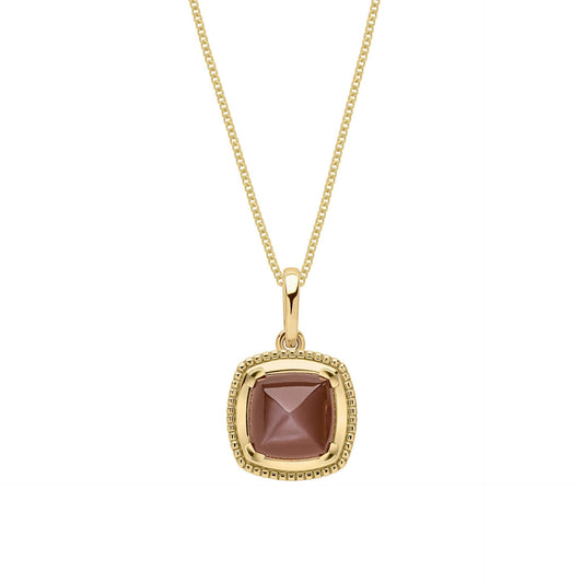 Gold Sugarloaf Cut Chocolate Moonstone Pendant necklace on white background 