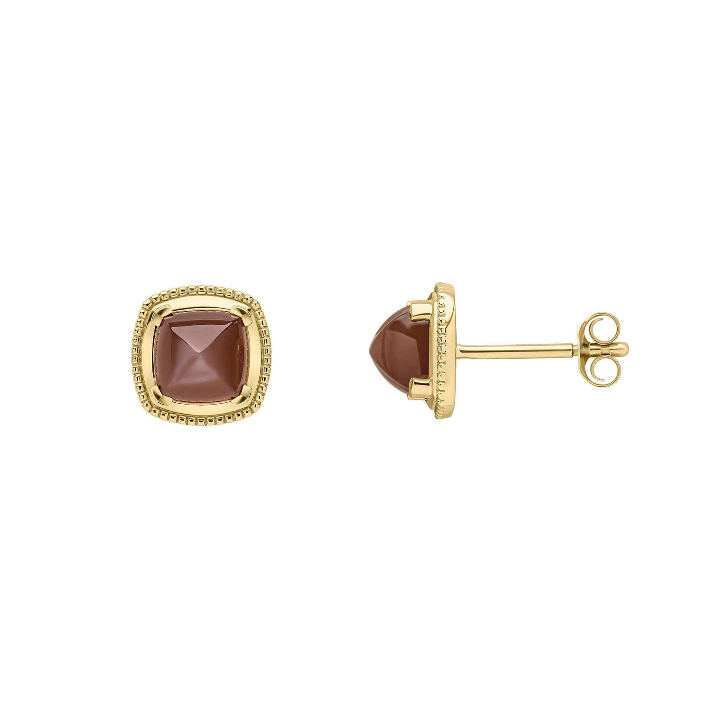 Gold Sugarloaf Cut Chocolate Moonstone Stud Earrings on white background
