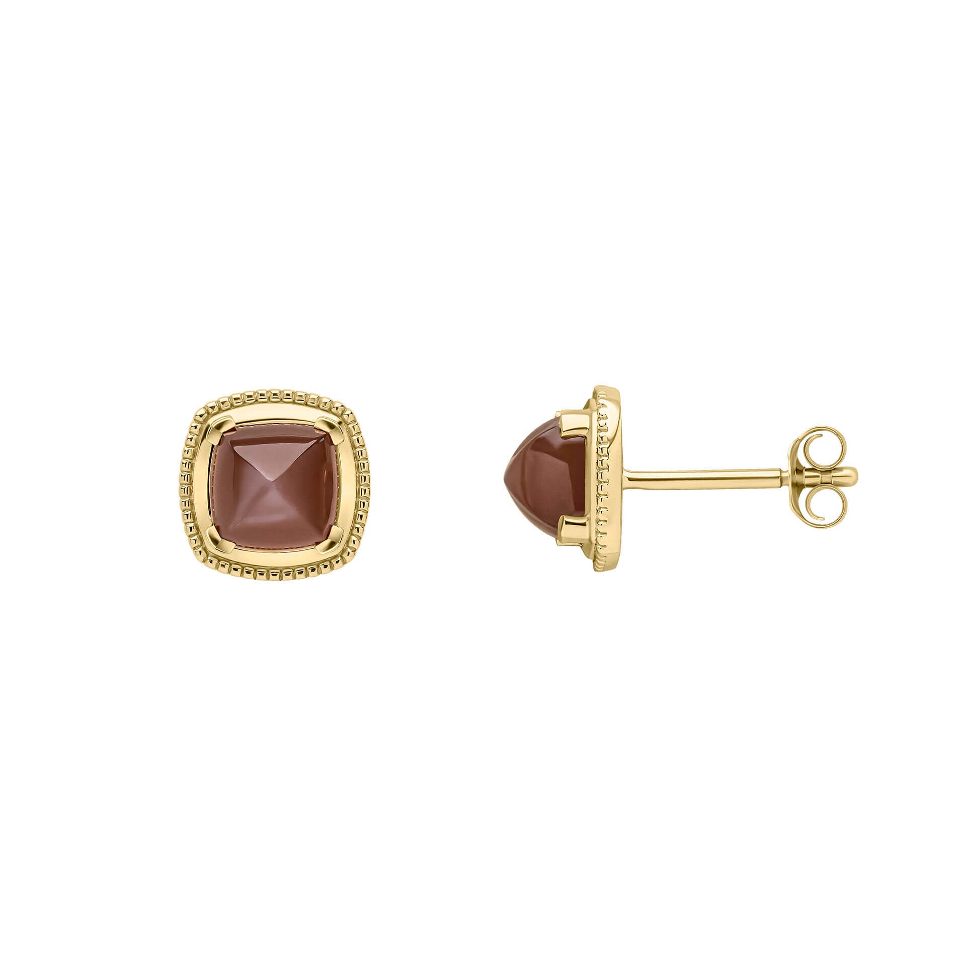 Gold Sugarloaf Cut Chocolate Moonstone Stud Earrings on white background