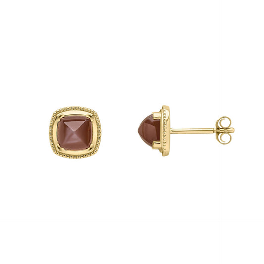 Gold Sugarloaf Cut Chocolate Moonstone Stud Earrings on white background