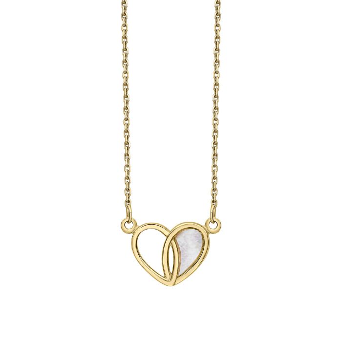 Half Mother of Pearl Inlay Heart Pendant Necklace in 9ct Gold gn391w, featuring a beautiful heart-shaped pendant with half mother of pearl inlay set in polished 9ct gold, perfect for adding elegance and a touch of sophistication to any jewelry collection