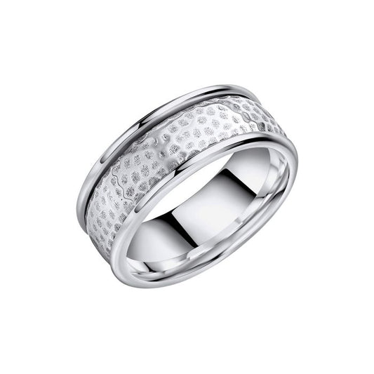 Hammered Design Spinner Silver Ring Wide r3906 on a white background, featuring a unique hammered texture with a spinning band, perfect for adding a modern and stylish touch to any jewelry collection.