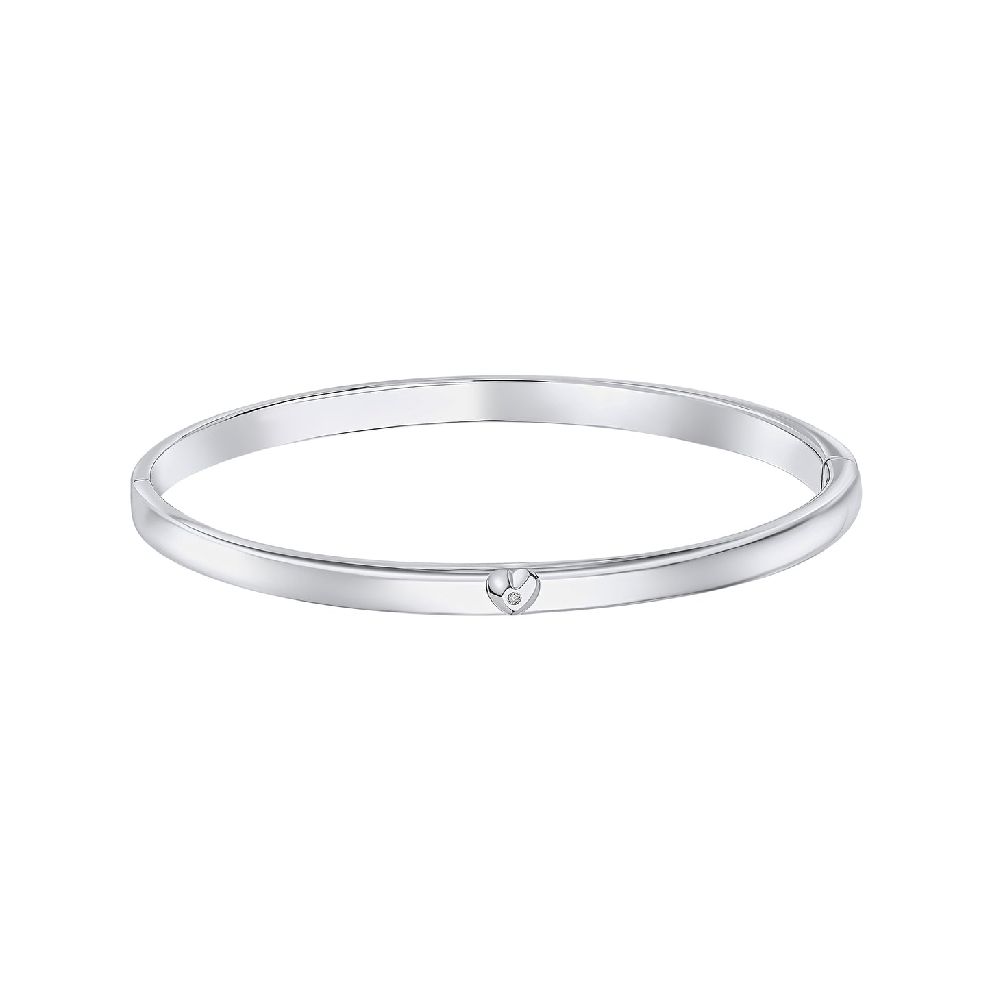 Heart Motif Hinged Maiden Bangle with Diamond b5482 on a white background, featuring a delicate heart motif design with a sparkling diamond accent and a secure hinged closure, perfect as a timeless keepsake for babies and children.