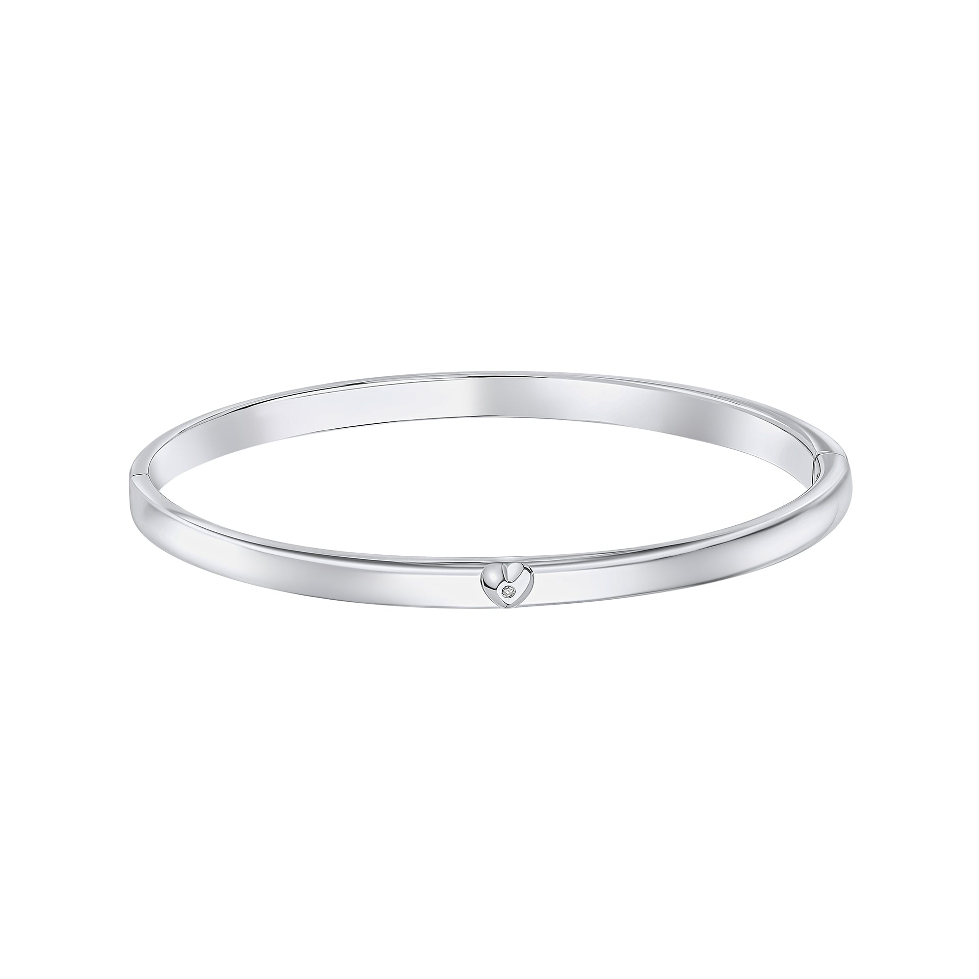 Heart Motif Hinged Maiden Bangle with Diamond b5482 on a white background, featuring a delicate heart motif design with a sparkling diamond accent and a secure hinged closure, perfect as a timeless keepsake for babies and children.