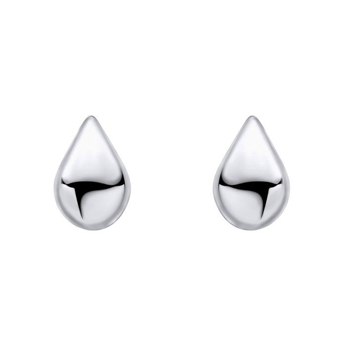 Pair of large silver teardrop-shaped earrings current trend on a white background