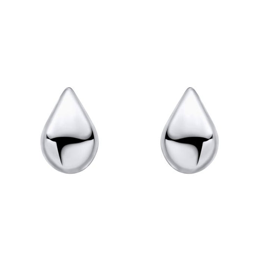 Pair of large silver teardrop-shaped earrings current trend on a white background