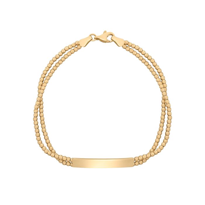 ID Bar Double Bead Chain Bracelet in 9ct Gold on a white background, featuring a sleek double bead chain and engravable ID bar, perfect for elegant and personalized jewelry.