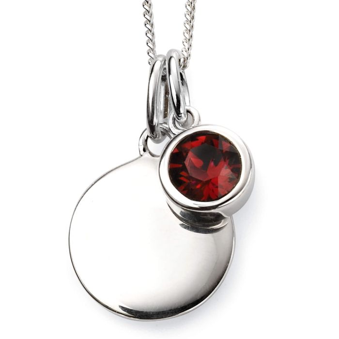 Close-up of January Birthstone Necklace with Engravable Disc in Sterling Silver, elegant pendant on a white background, perfect personalized gift for January birthdays.
