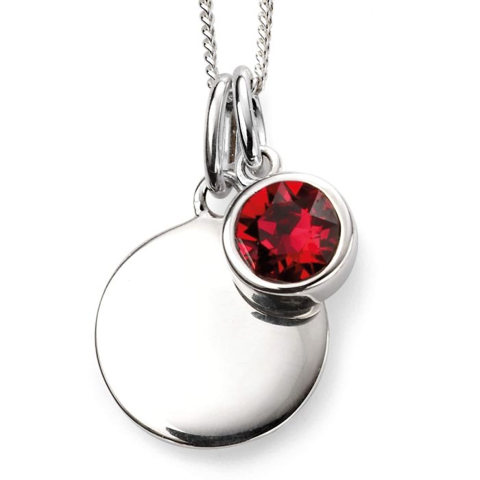Close-up of July Birthstone Necklace with Engravable Disc in Sterling Silver, elegant pendant on a white background, perfect personalized gift for July birthdays.