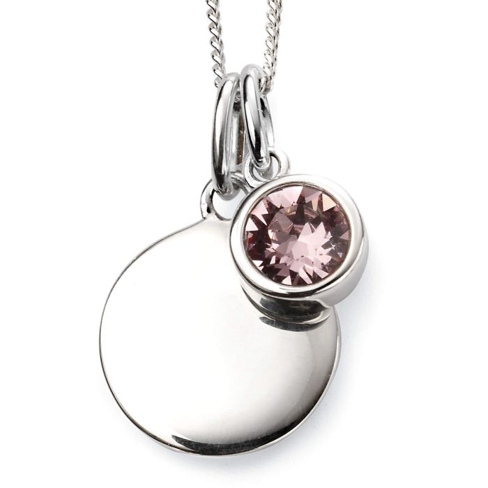 Close-up of June Birthstone Necklace with Engravable Disc in Sterling Silver, elegant pendant on a white background, perfect personalized gift for June birthdays.