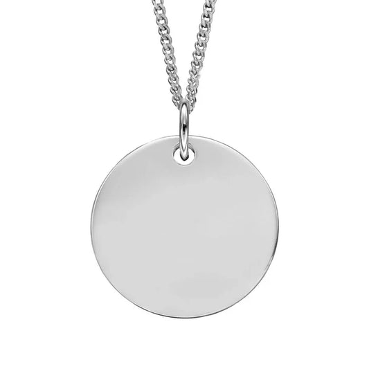 Silver round tag pendant engravable necklace on a white background