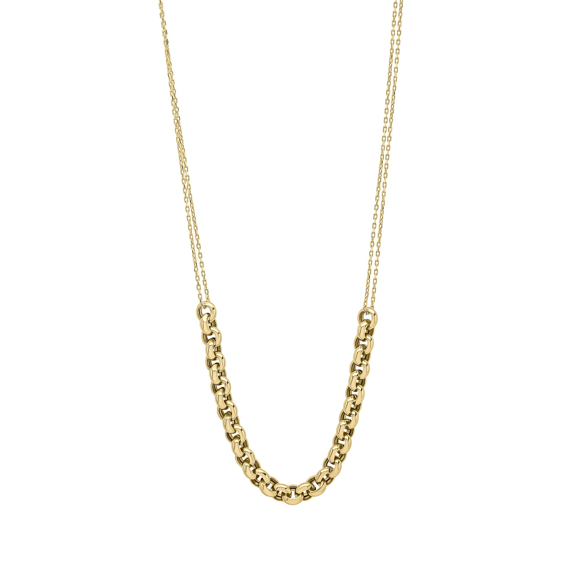 Links and Double Chain Necklace in 9ct Gold, featuring an elegant layered design with interlocking gold links and delicate double chains, perfect for adding sophistication and style to any jewelry collection.