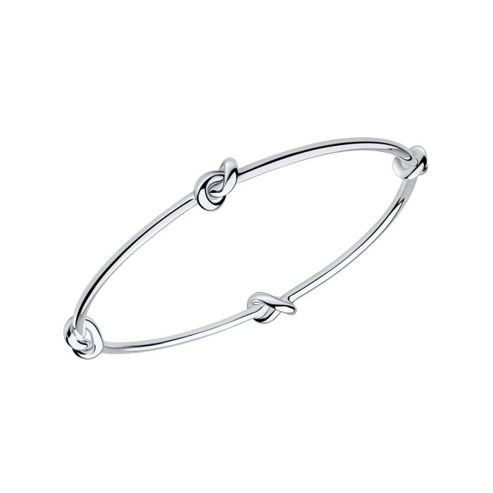 Silver love knot bangle bracelet with a knot design on a white background
