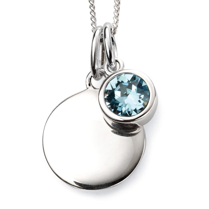 Close-up of March Birthstone Necklace with Engravable Disc in Sterling Silver, elegant pendant on a white background, perfect personalized gift for March birthdays.