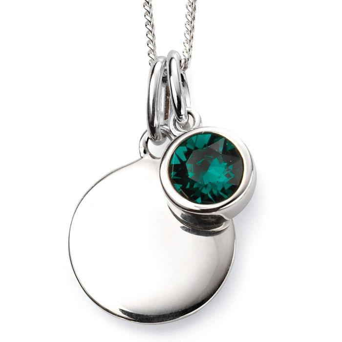 Close-up of May Birthstone Necklace with Engravable Disc in Sterling Silver, elegant pendant on a white background, perfect personalized gift for May birthdays.