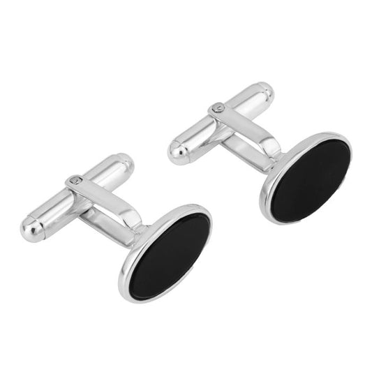 Men’s Oval Silver Cufflinks with Onyx v540b_1, featuring a sleek and polished silver setting with black onyx inlay, perfect for adding a sophisticated and timeless touch to formal attire.