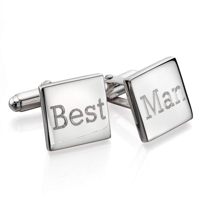 Men’s Plain Square Silver Cufflinks v124, featuring a sleek and polished design, engraved with 'Best Man,' perfect for adding a sophisticated and personalized touch to formal attire.