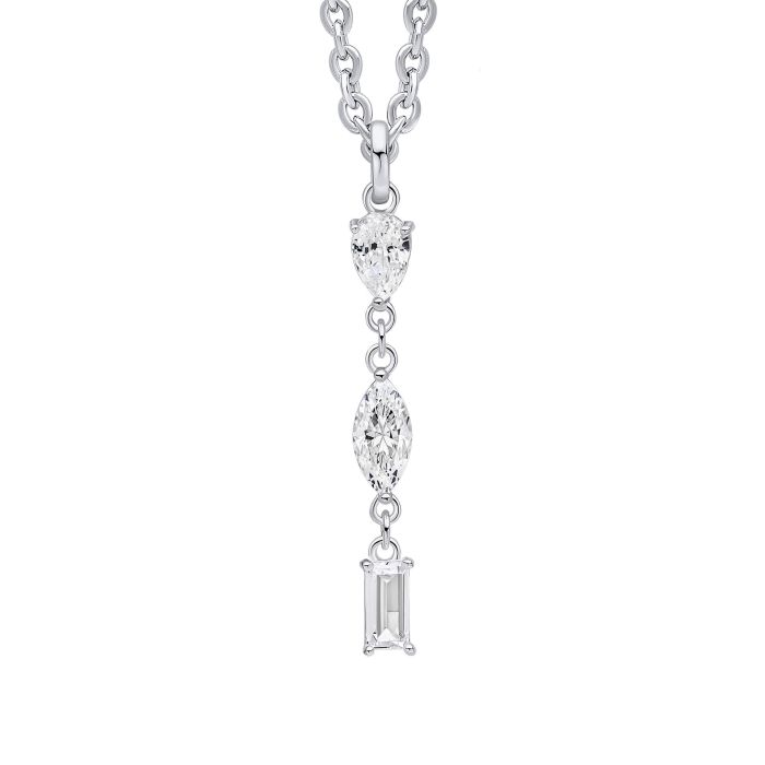Mixed Shapes silver Long Pendant necklace with three different cut clear crystal on a white background