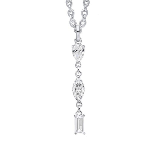 Mixed Shapes silver Long Pendant necklace with three different cut clear crystal on a white background