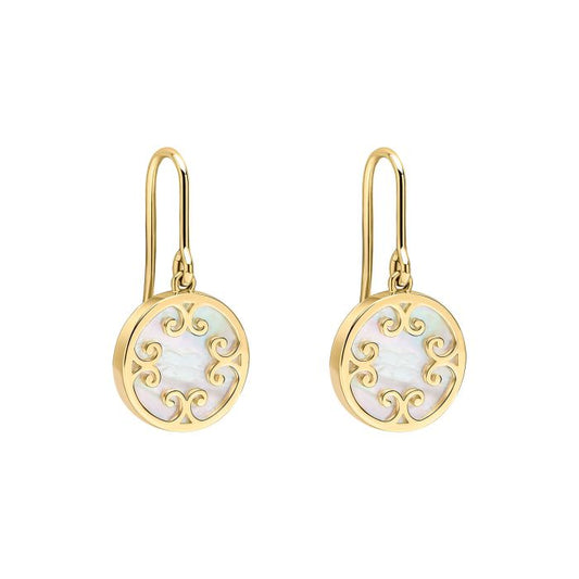 Mother of Pearl Inlay Swirl Earrings in 9ct Gold ge2488w on a white background, featuring elegant swirl designs with mother of pearl inlay set in polished 9ct gold, perfect for adding sophistication and a touch of luxury to any jewelry collection.