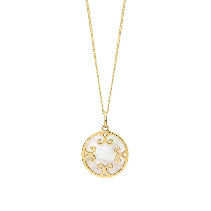 Mother of Pearl Inlay Swirl Pendant in 9ct Gold on a white background, featuring a stunning swirl design with mother of pearl inlay set in polished 9ct gold, perfect for adding elegance and a touch of sophistication to any jewelry collection.