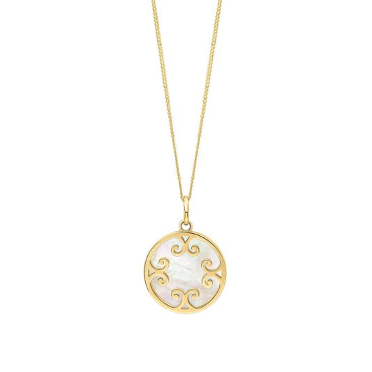 Mother of Pearl Inlay Swirl Pendant in 9ct Gold on a white background, featuring a stunning swirl design with mother of pearl inlay set in polished 9ct gold, perfect for adding elegance and a touch of sophistication to any jewelry collection.