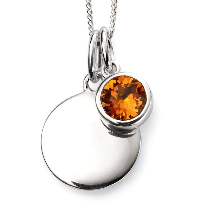 Close-up of November Birthstone Necklace with Engravable Disc in Sterling Silver, elegant pendant on a white background, perfect personalized gift for November birthdays.