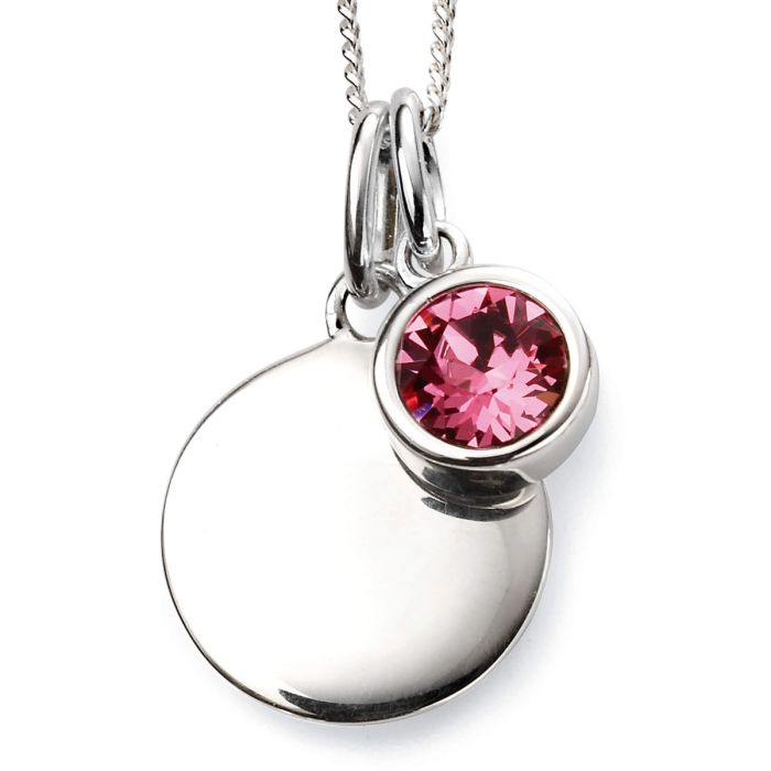 Close-up of October Birthstone Necklace with Engravable Disc in Sterling Silver, elegant pendant on a white background, perfect personalized gift for October birthdays.