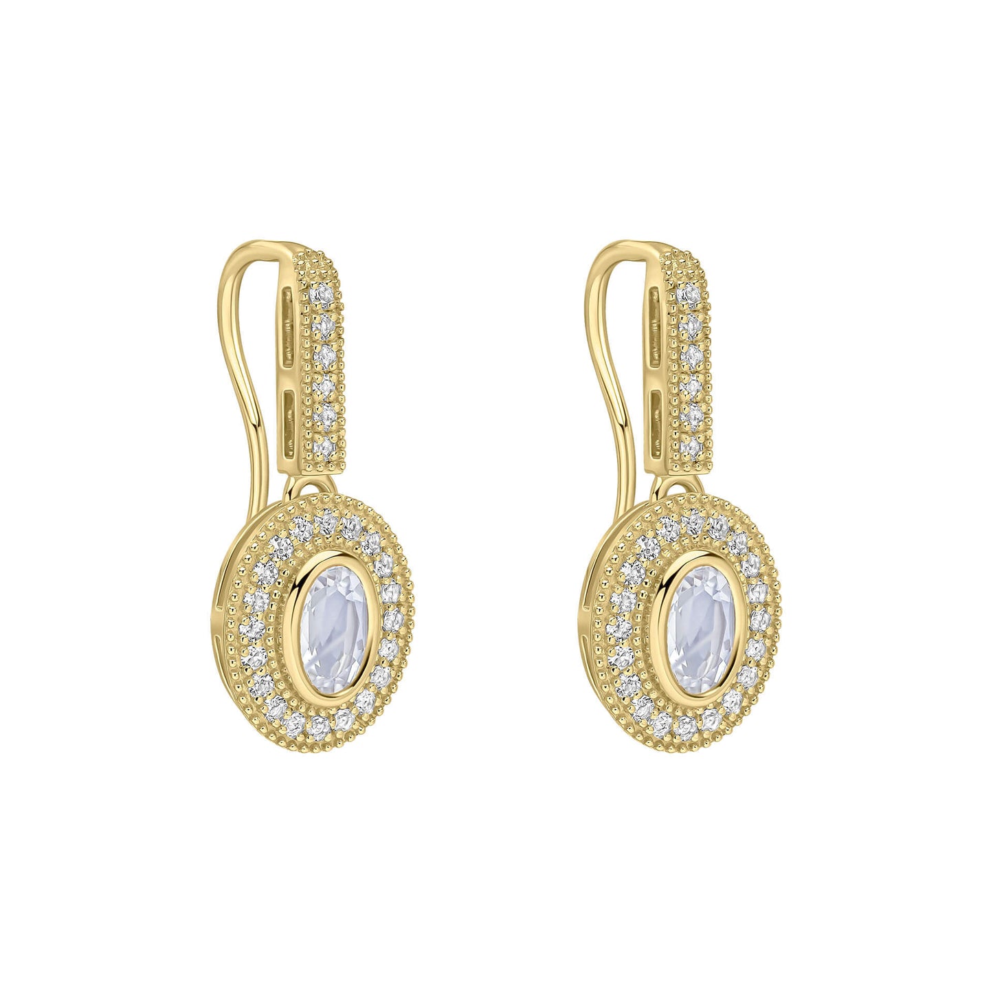 Oval Blue Moonstone and White Topaz Drop Earrings on white background