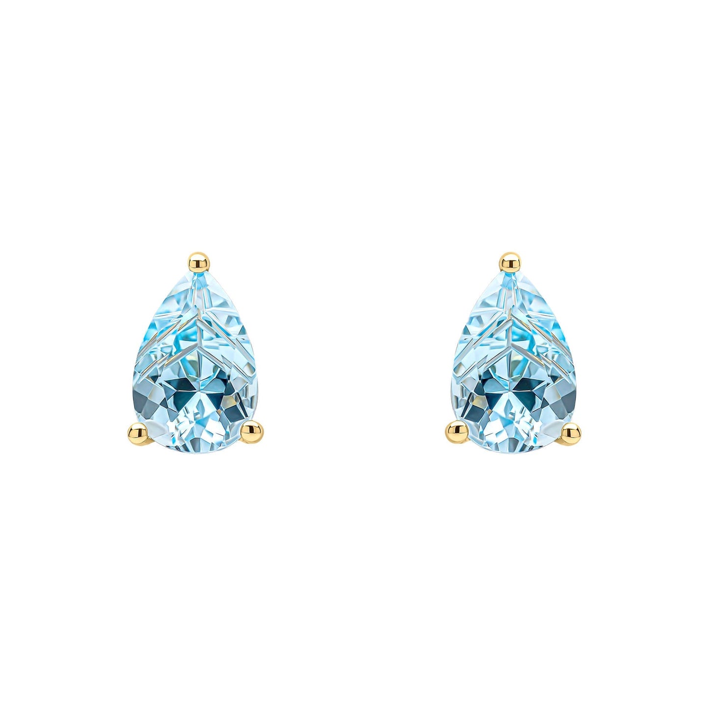 Pear Fancy Cut blue Topaz Gold Stud earrings on white background 