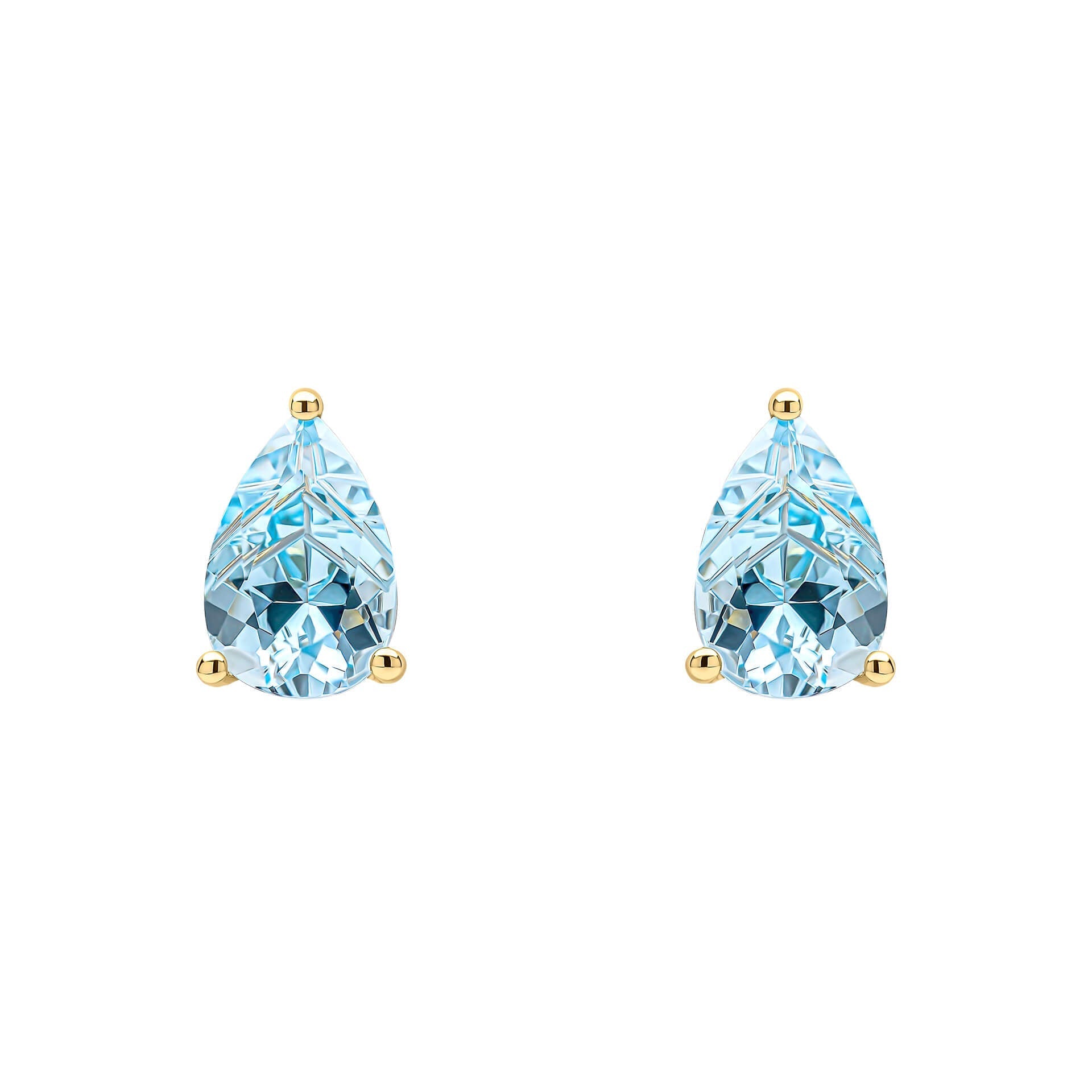Pear Fancy Cut blue Topaz Gold Stud earrings on white background 