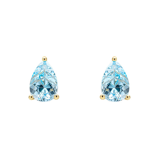 Pear Fancy Cut blue Topaz Gold Stud earrings on white background 