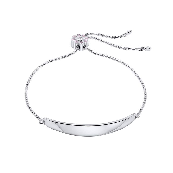 Silver Pink Flower Toggle Bracelet with Diamond and Engravable Bar b5485 on a white background, featuring a delicate pink flower charm with a sparkling diamond accent and a customizable engravable bar, perfect as a personalized and elegant jewelry piece for children