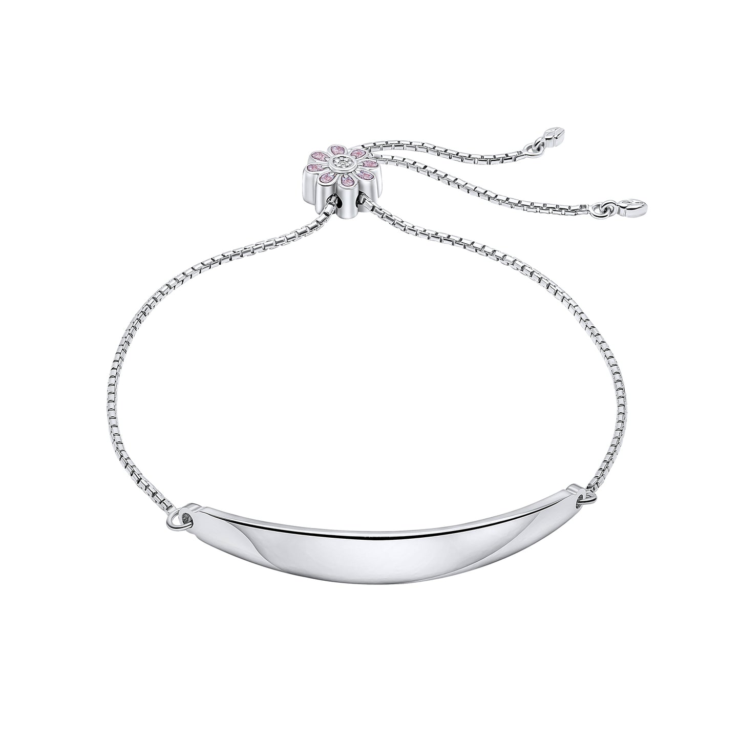 Silver Pink Flower Toggle Bracelet with Diamond and Engravable Bar b5485 on a white background, featuring a delicate pink flower charm with a sparkling diamond accent and a customizable engravable bar, perfect as a personalized and elegant jewellery piece for children