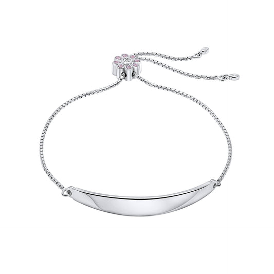 Silver Pink Flower Toggle Bracelet with Diamond and Engravable Bar b5485 on a white background, featuring a delicate pink flower charm with a sparkling diamond accent and a customizable engravable bar, perfect as a personalized and elegant jewellery piece for children