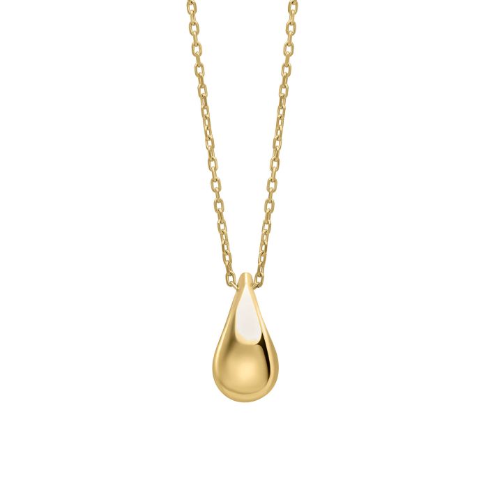 Gold teardrop pendant necklace on a white background