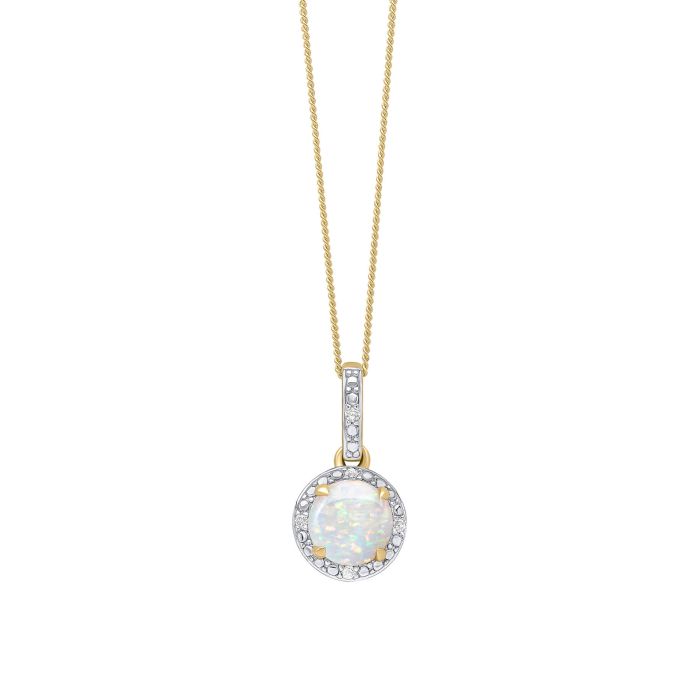Round Diamond Surround Opal Pendant in 9ct Gold gp2363w on a white background, featuring a stunning opal center surrounded by sparkling round diamonds set in polished 9ct gold, perfect for adding elegance and a touch of color to any jewelry collection.