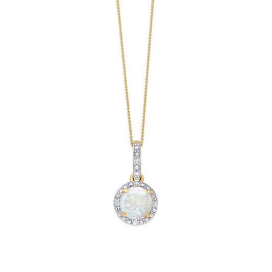 Round Diamond Surround Opal Pendant in 9ct Gold gp2363w on a white background, featuring a stunning opal center surrounded by sparkling round diamonds set in polished 9ct gold, perfect for adding elegance and a touch of color to any jewelry collection.