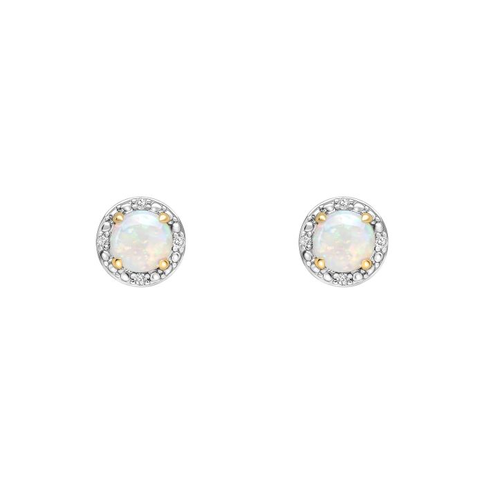 Round Diamond Surround Opal Stud Earrings in 9ct Gold ge2487w, featuring a stunning opal center surrounded by sparkling round diamonds set in polished 9ct gold, perfect for adding elegance and a touch of color to any jewelry collection.