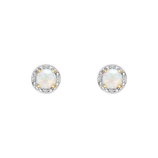 Round Diamond Surround Opal Stud Earrings in 9ct Gold ge2487w, featuring a stunning opal center surrounded by sparkling round diamonds set in polished 9ct gold, perfect for adding elegance and a touch of color to any jewelry collection.