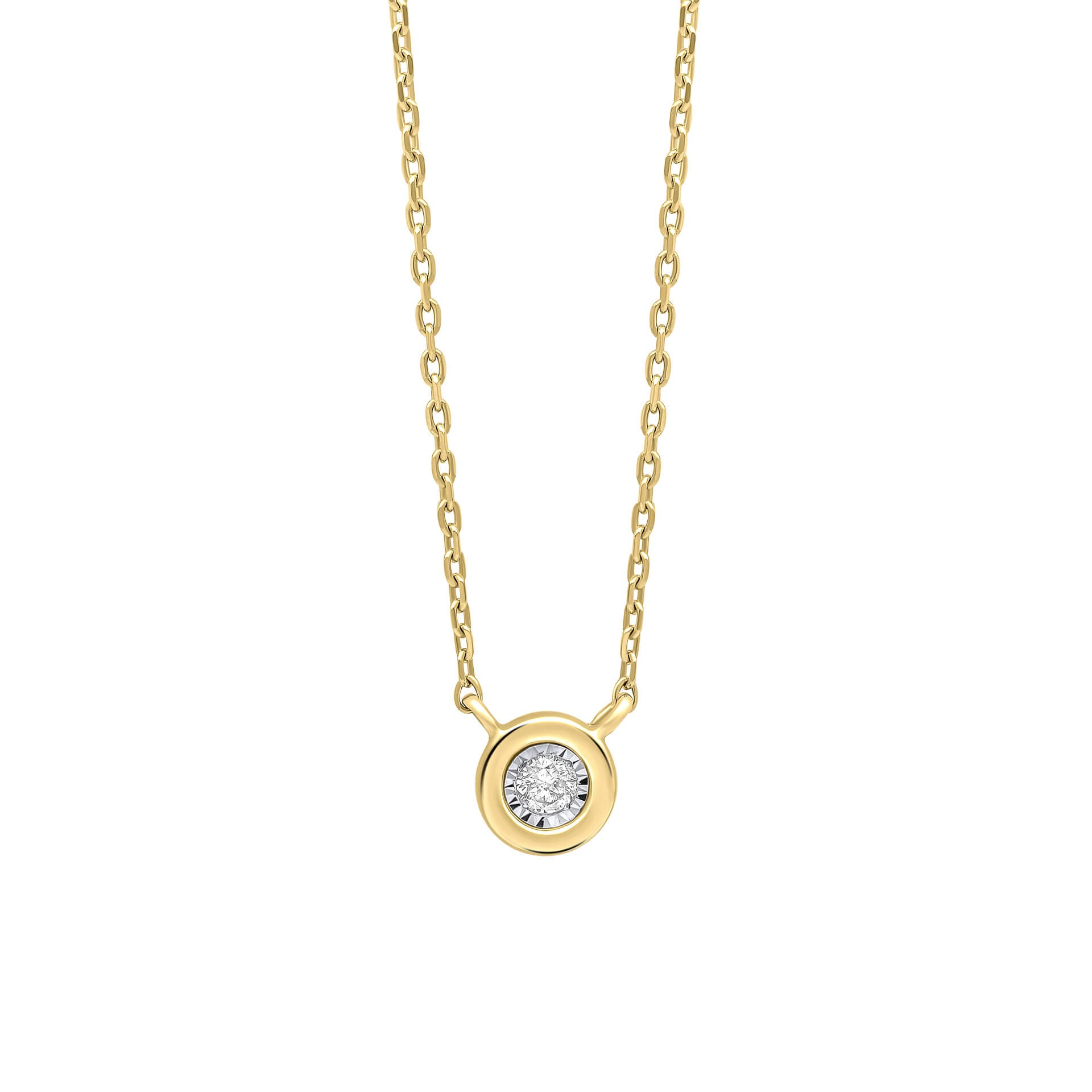 Rounded Bezel Diamond Gold Necklace on white background