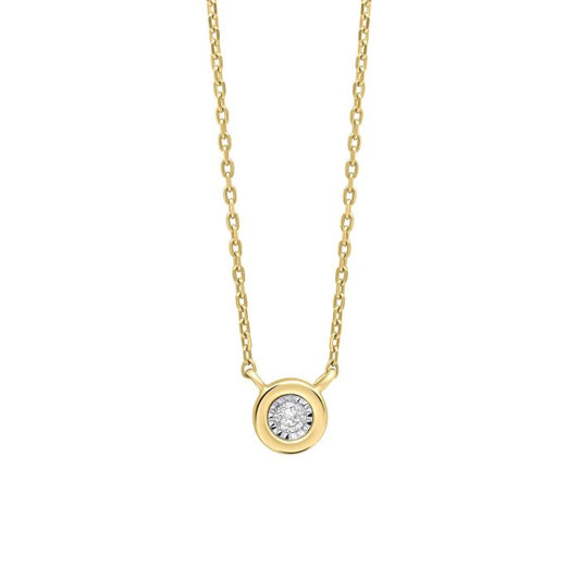Rounded Bezel Diamond Necklace in 9ct Gold gn406 on a white background, featuring a classic round bezel-set diamond in polished 9ct gold, perfect for adding timeless elegance and sophistication to any jewelry collection.