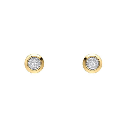 Rounded Bezel Diamond Stud Earrings in 9ct Gold ge2478 on a white background, featuring classic bezel-set diamonds in polished 9ct gold, perfect for adding timeless elegance and sophistication to any jewelry collection.