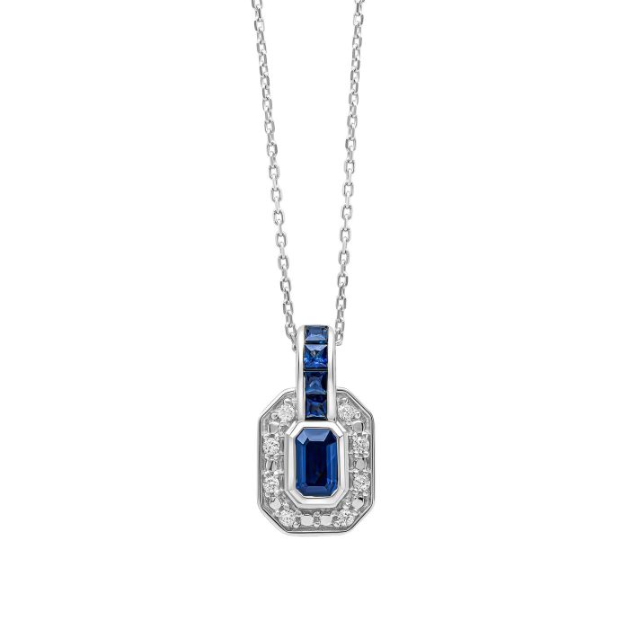 Sapphire Channel and Diamond Necklace in 9ct Gold gn403l on a white background, featuring deep blue sapphires set in a sleek channel design with sparkling diamond accents, perfect for adding elegance and sophistication to any jewelry collection.