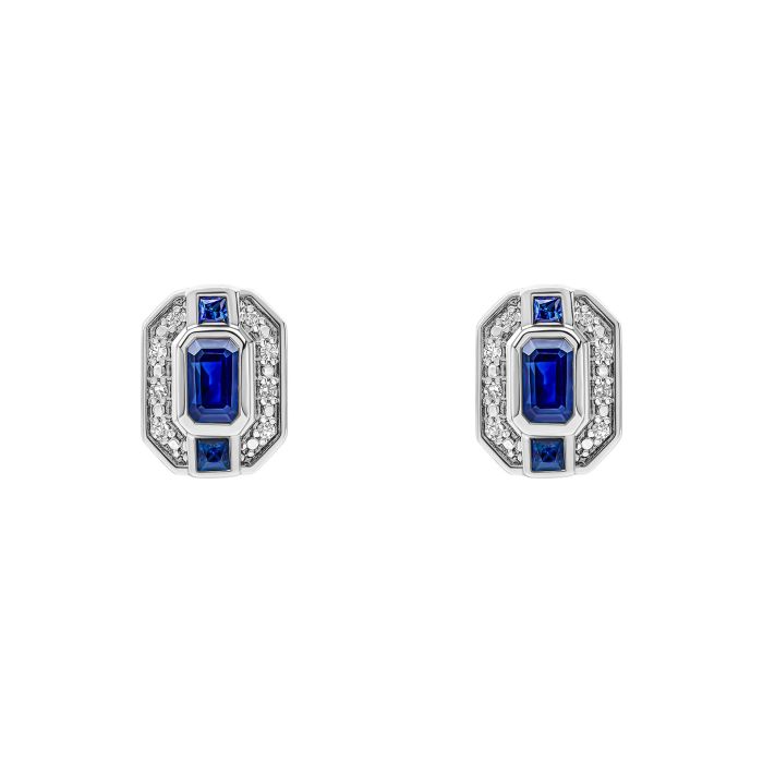  Sapphire Channel and Diamond Stud Earrings in 9ct Gold ge2474l on a white background, featuring deep blue sapphires set in a sleek channel design with sparkling diamond accents, perfect for adding elegance and sophistication to any jewelry collection.