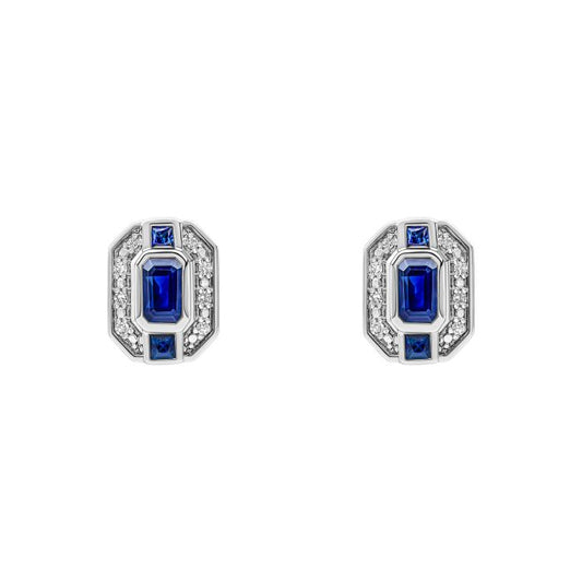  Sapphire Channel and Diamond Stud Earrings in 9ct Gold ge2474l on a white background, featuring deep blue sapphires set in a sleek channel design with sparkling diamond accents, perfect for adding elegance and sophistication to any jewelry collection.